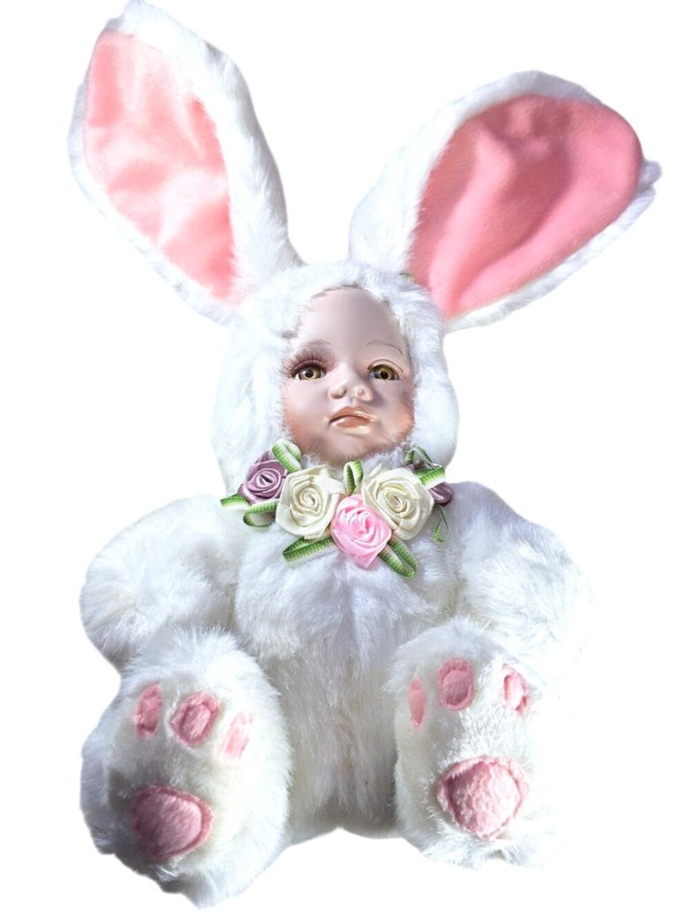 Porcelain Bunny Doll Plush Rabbit Costume Floral Detail By Show-Stoppers Easter